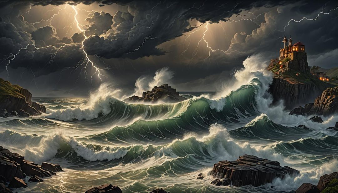 A captivating painting depicting a tumultuous stormy night. The waves