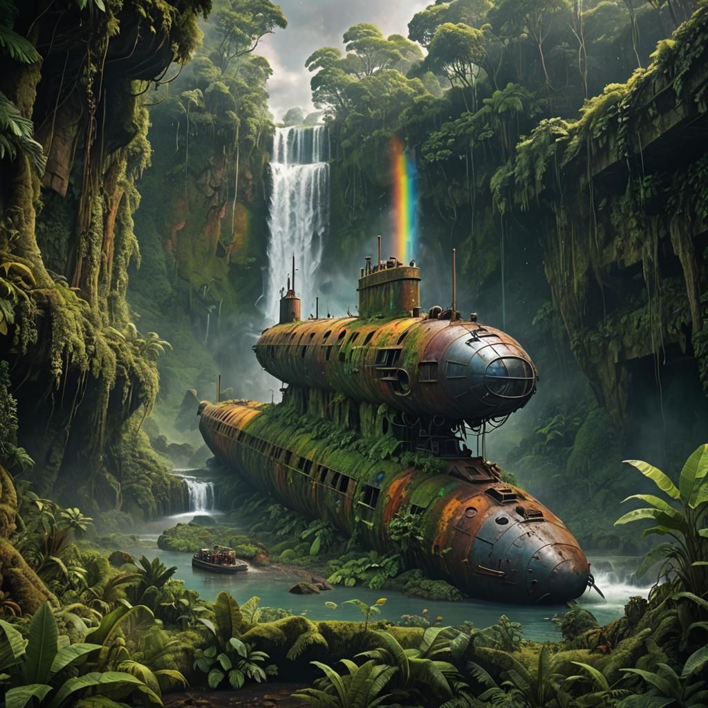 Old rusty overgrown submarine on ground in rainforest, giant...