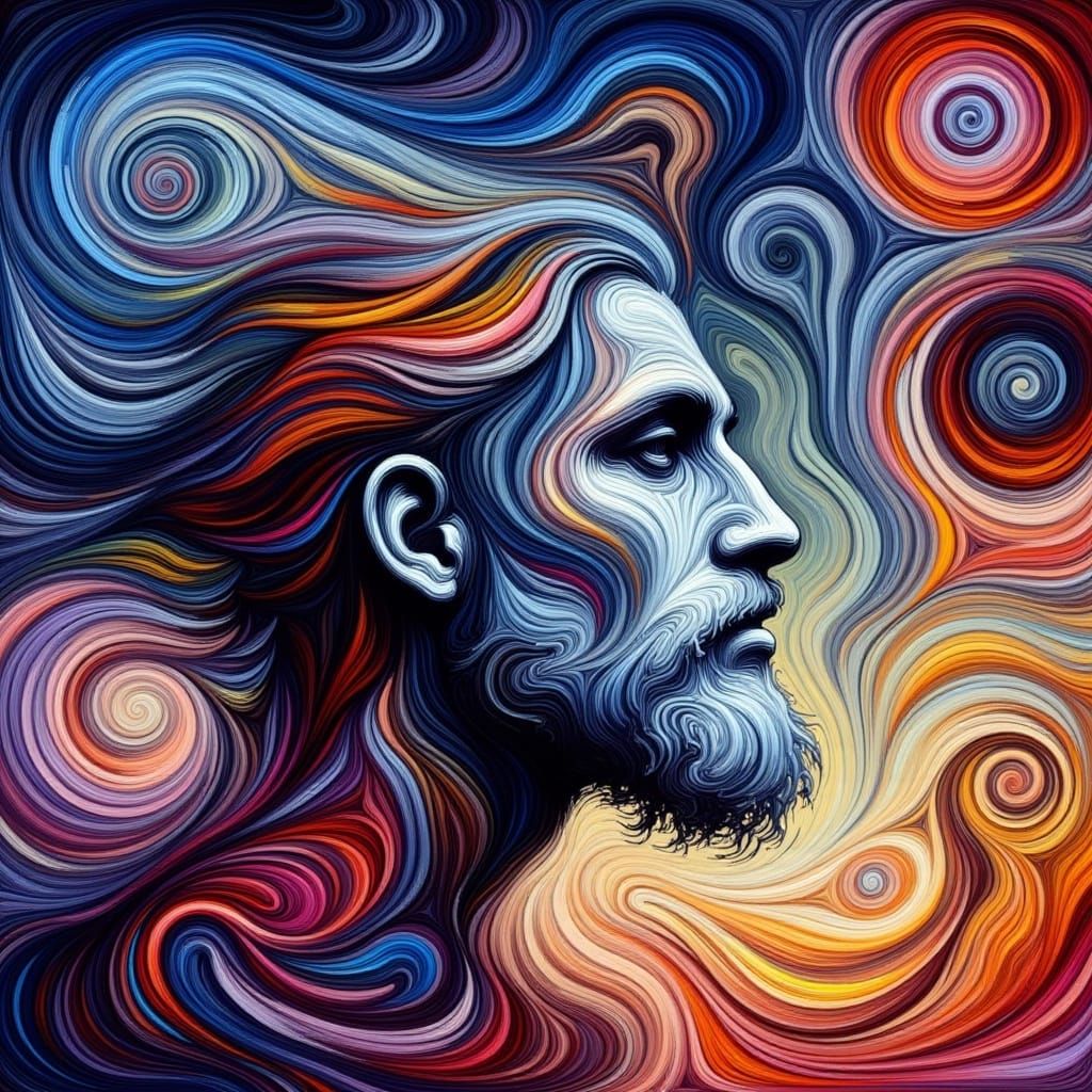 <lora:PaintLines:1.0> Portrait of a hippy man, a swirling aurora sky, painterly lines flowing, Pop art surrealism by James R Eads