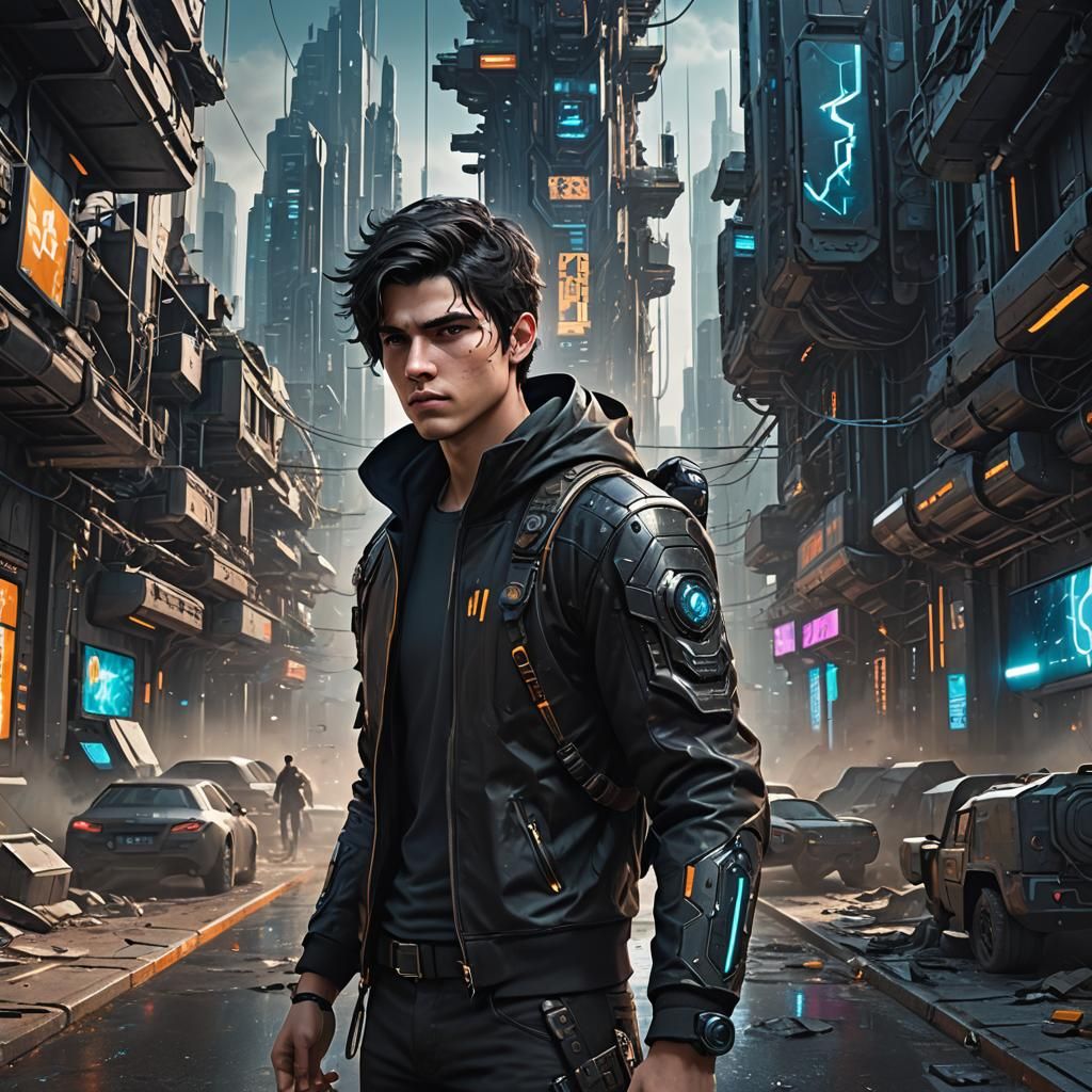 Teenage male, dark hair, hacking, futuristic theme, surealis...
