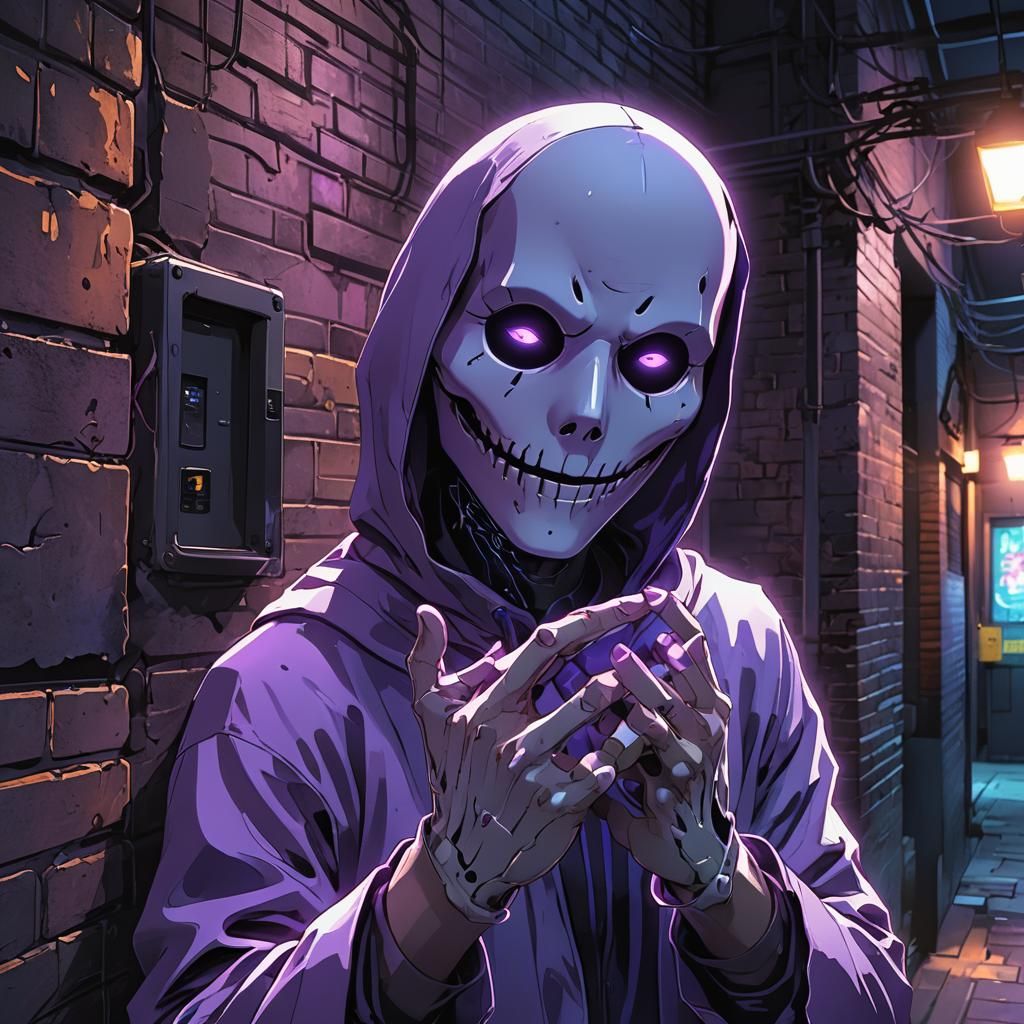 Ghostly Figure Sending Signal in Neon Anime Style