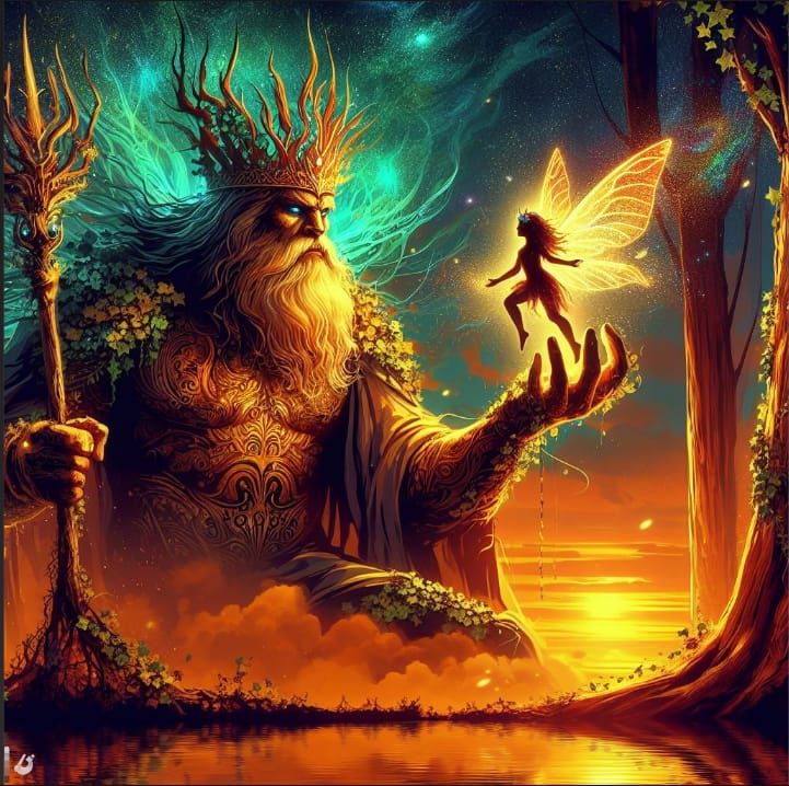 Big tree god holding a little magical nature pixie with love