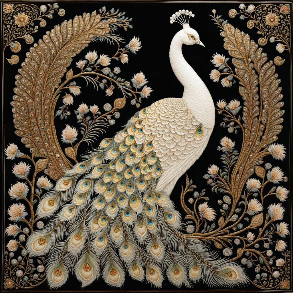 {Embroidery: 1.8} A dainty White albino peacock in a dark forest, luminous, ethereal, fantasy, fairy ...  by @K