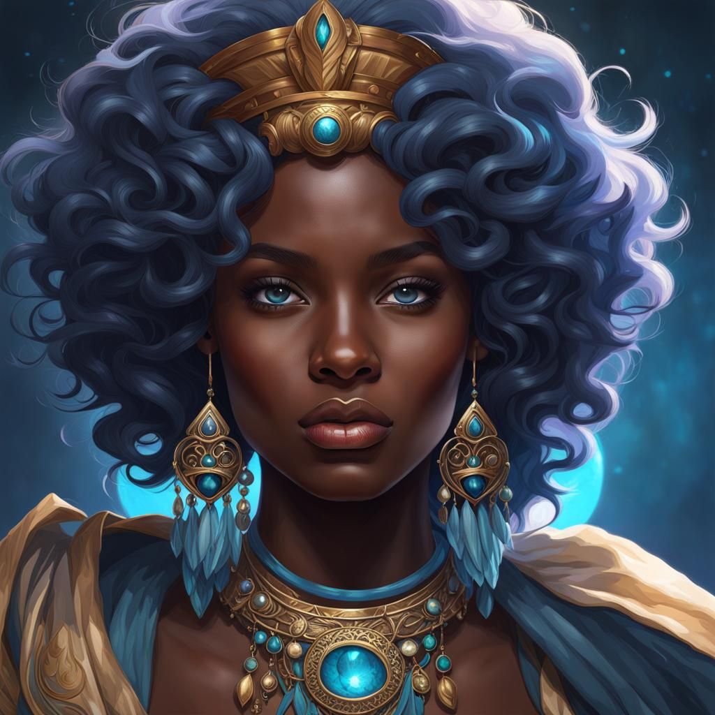 dark skin color, beautiful necklace, blue eye, wave hair - AI Generated ...