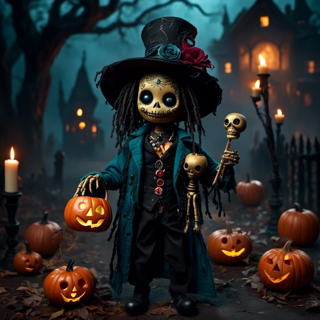  <lora:Voodoo People:1.0> Trick or treat, the neighbourhood is out for Halloween, holding a voodoo doll, mist