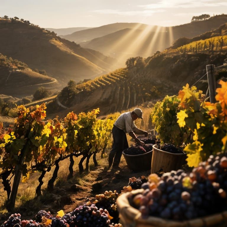 In Portugal autumn brings the time of grape gathering to make high quality wine. Depict a realistic dramatic image of the Douro vineyards. A...