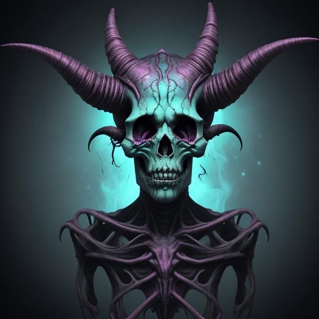 Horrifically schizophrenic cosmic alien skull and horns body...