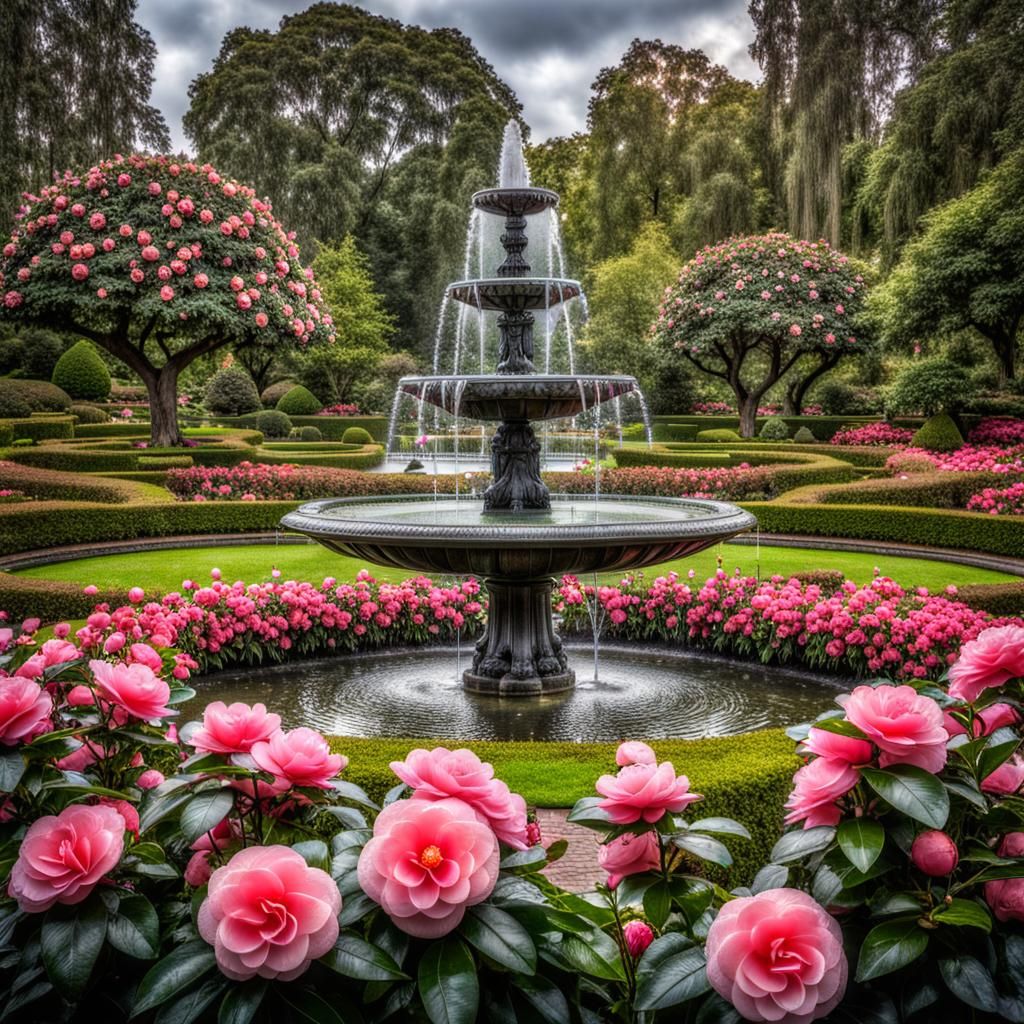 A public garden decorated with blooming camellia flowers