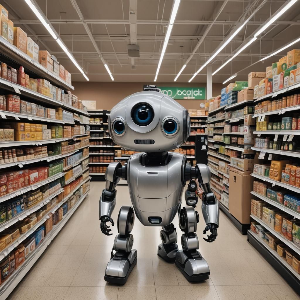The robot at the grocery store with large googly eyes on it AI