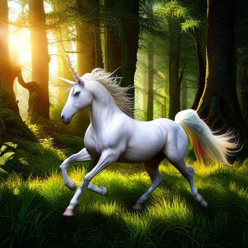 Unicorn running through the jungle with a faint rainbow trai...