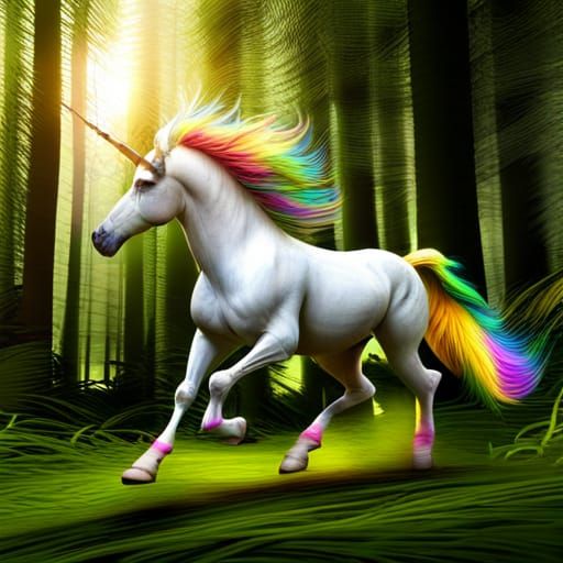 Unicorn running through the jungle with a faint rainbow trai...