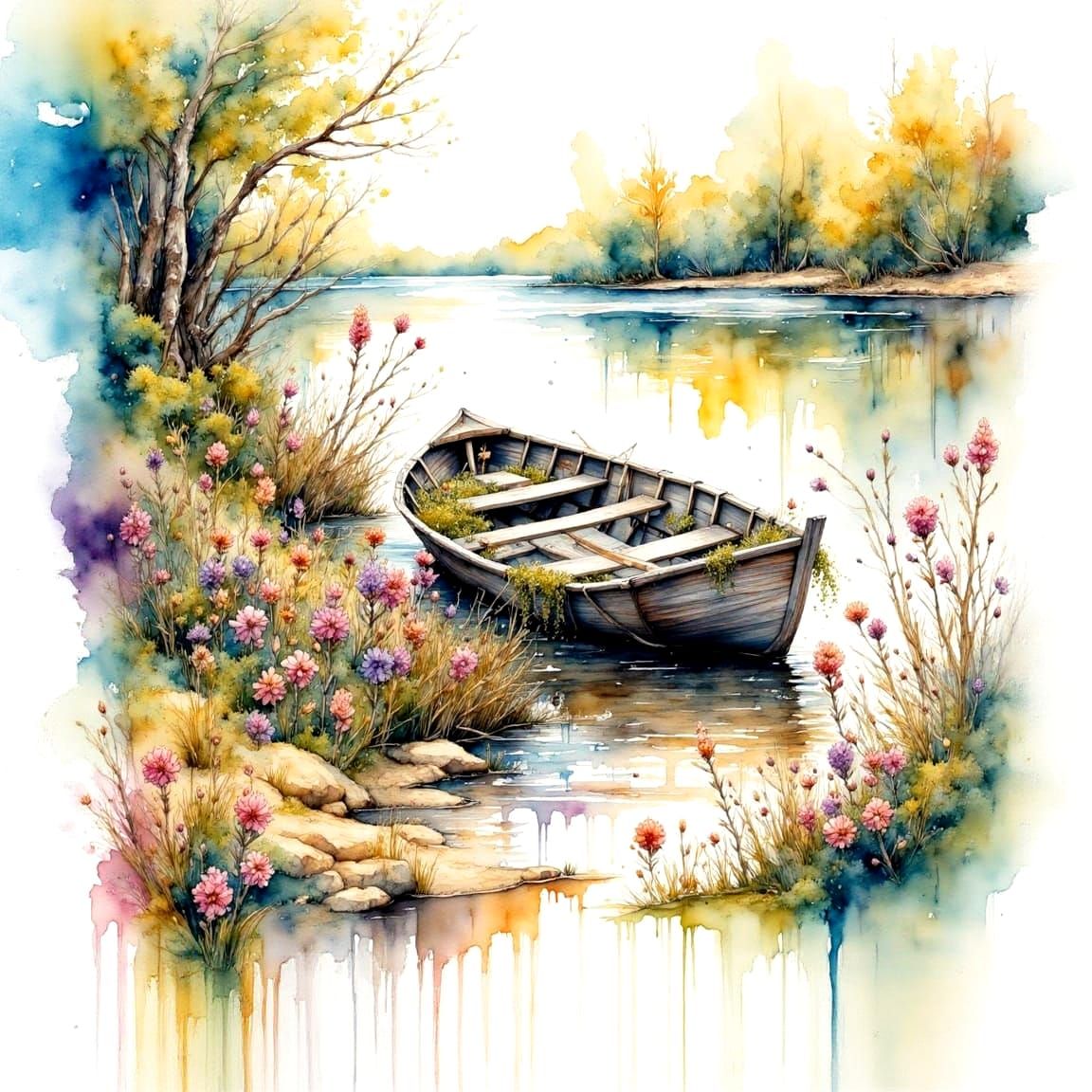 <lora:MrsH Watercolor:1.0> An old rowboat with oars inside sits abandoned on at the inlet to a lake. Assorted flowers adorn  the front and b...
