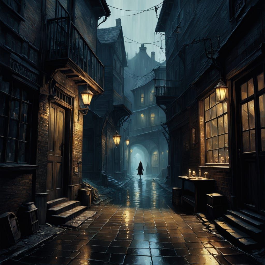 A lone woman, her face obscured by shadow, stands in a dimly lit, rain-slicked alleyway behind a bustling ...  by @Barabashka
