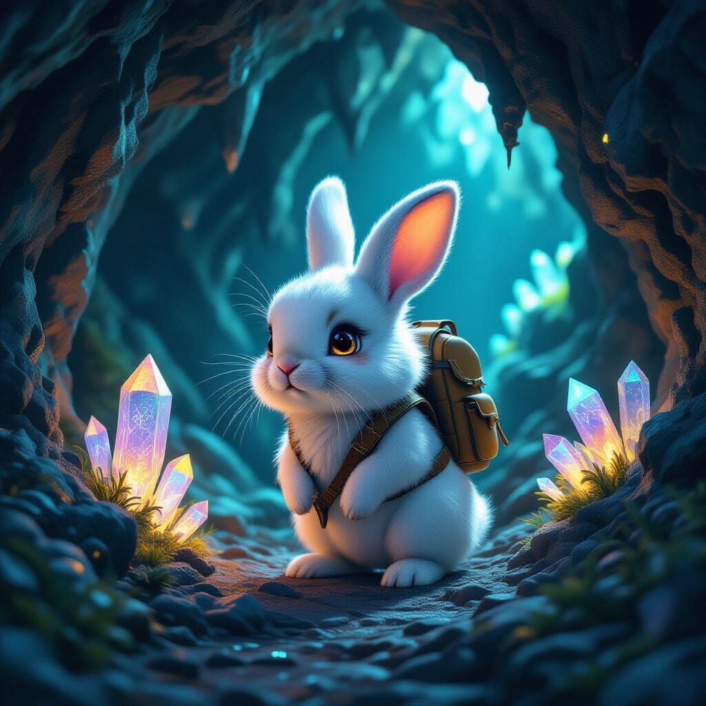 A fluffy, white rabbit with bright, curious eyes, wearing a tiny adventurer's backpack, cautiously explores ...  by @Psyaqua 