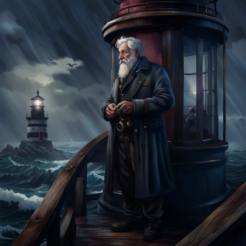 Dark and moody, (An old gray haired lighthouse keeper with b...