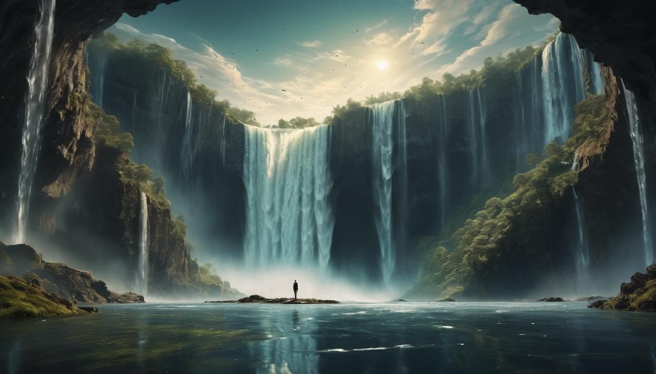 The Earth is flat and suspended in the void, along the circumference flows an immense waterfall that is lost in infinity. Meticulous detaile...