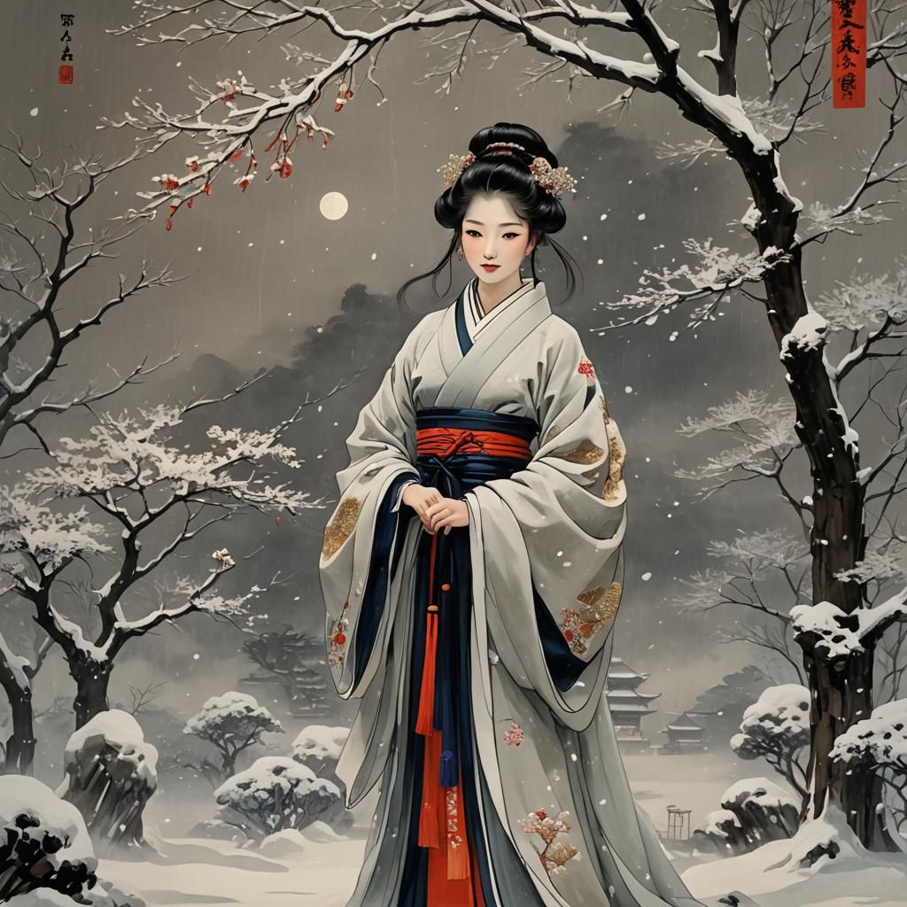 Chinese Beauty Dancing in Snowy Moonlight