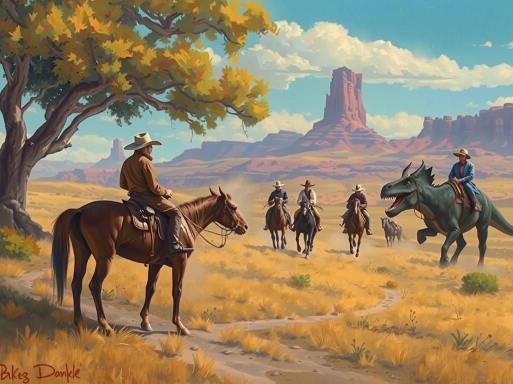 cowboys at the devils tower encounter a scientist riding on a dinosaur