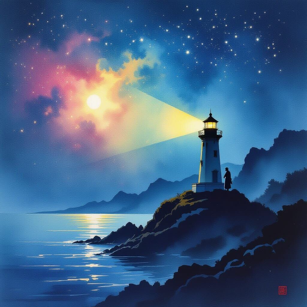 A solitary lighthouse keeper on a craggy, windswept island, silhouetted against a vibrant nebula sky. The beam of the lighthouse cuts throug...