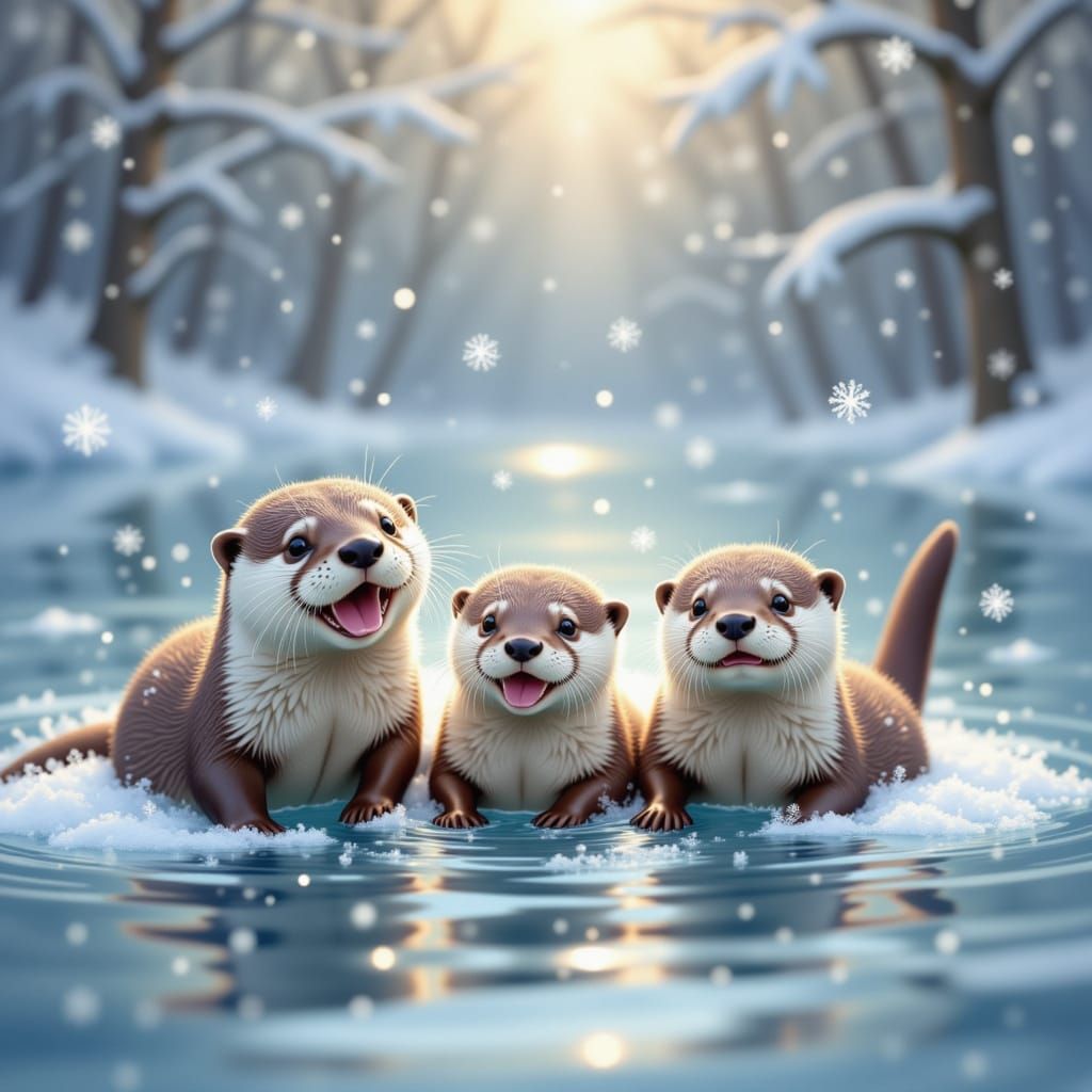 Cute Baby Otters having fun in the snowy lake <lora:Cute Baby Otters:1.0>