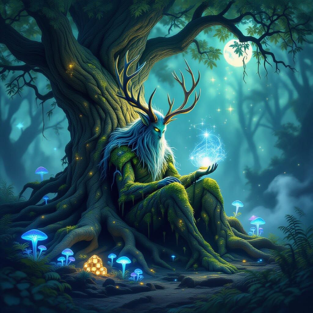 an ancient sentient willow tree with bark shimmering like crushed moonlight, cradling a creature composed of swirling nebula and mossy vines...