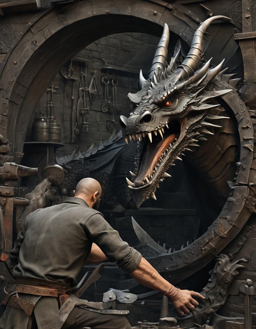 The dragon heals the teeth of a blacksmith, cinematically, a...