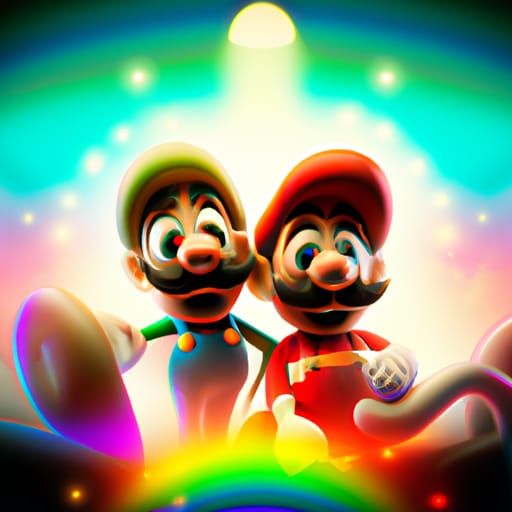 Mario & Luigi in a dream, psychedelic, colorful, weird, rainbow and ...