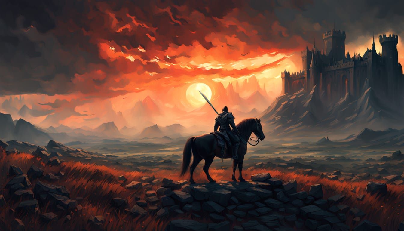 Dark fantasy concept art. Wide shot. A lone knight stands on a desolate battlefield, their armor tattered, ...  by @Ed Evans
