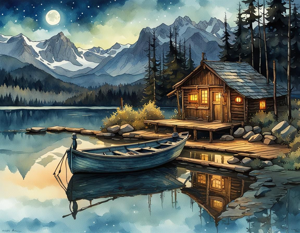 a boat tied to a wooden dock on a reflective lake, inspired by Anton Pieck, Waterhouse, David Bates, ...  by @Declo Dee