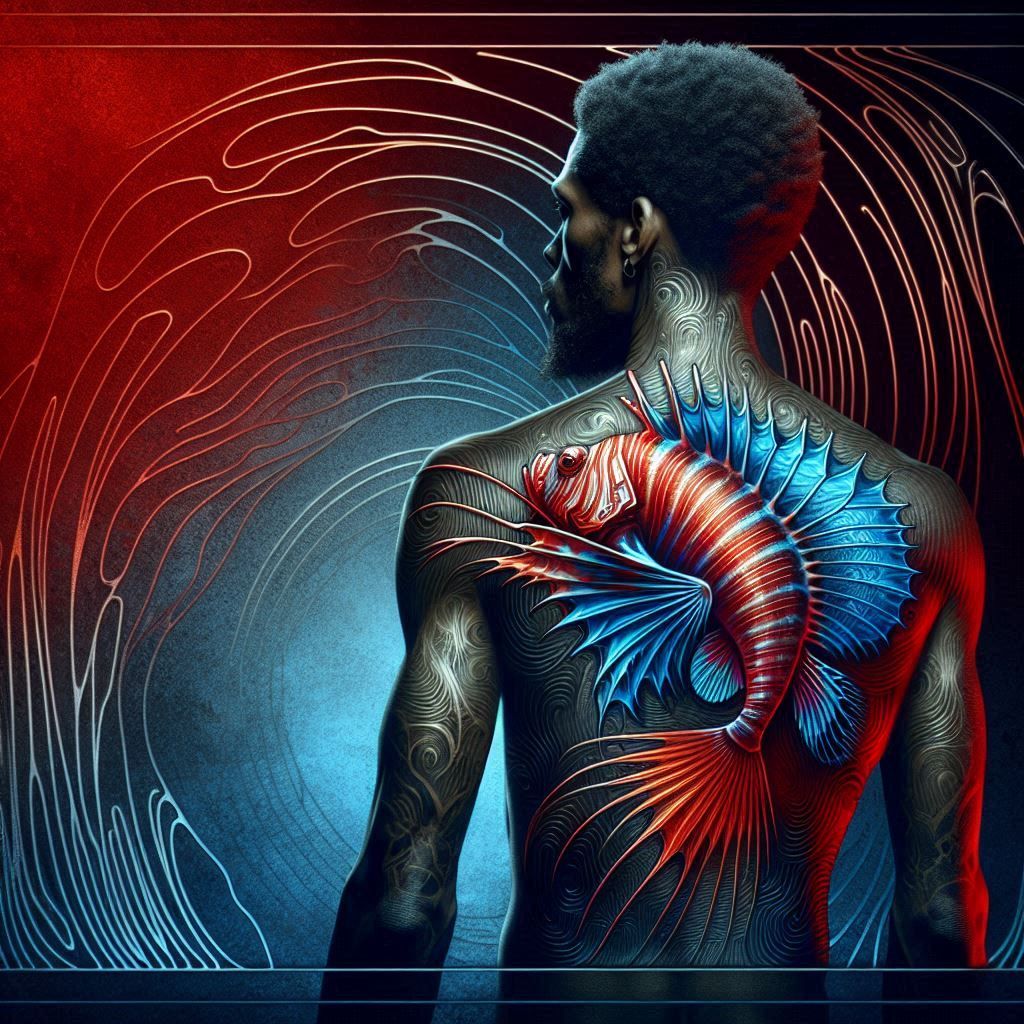 Photorealistic silhouetted man with a Lionfish tattoo 1