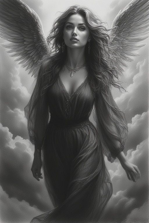 AMY WINEHOUSE AS AN ANGEL IN A HEAVENLY LANDSCAPE.