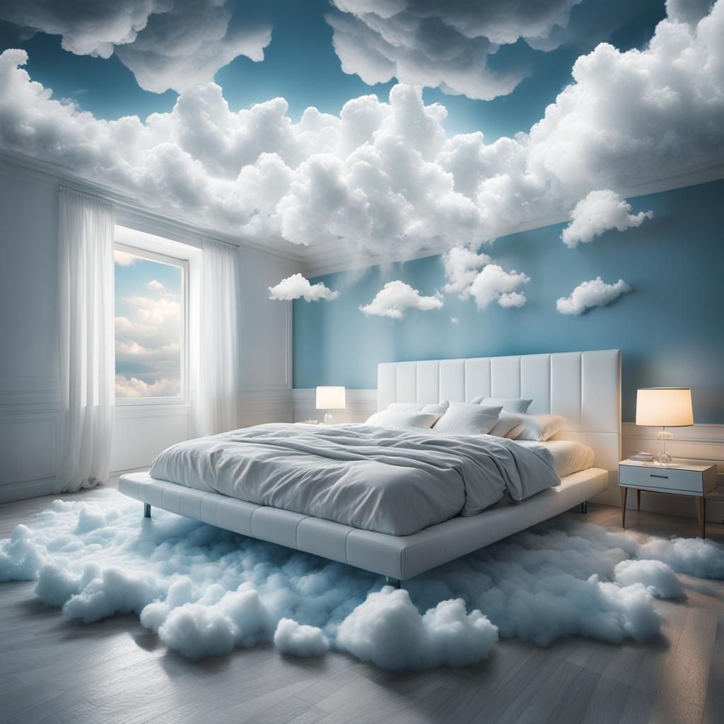 A white bedroom with big bed in the clouds.