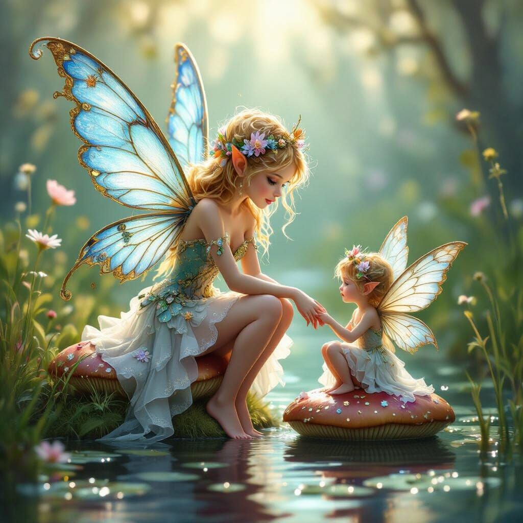 Stunningly beautiful fairy with blue and gold wings that are very ornate with jewels and pretty flowers. The fairy's hair is gold and her dr...