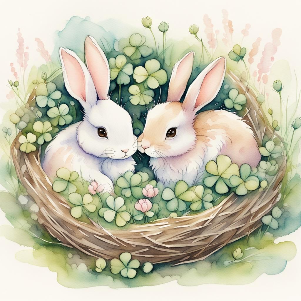 two rabbits cuddle in a clover nest, drawing, watercolors, s...