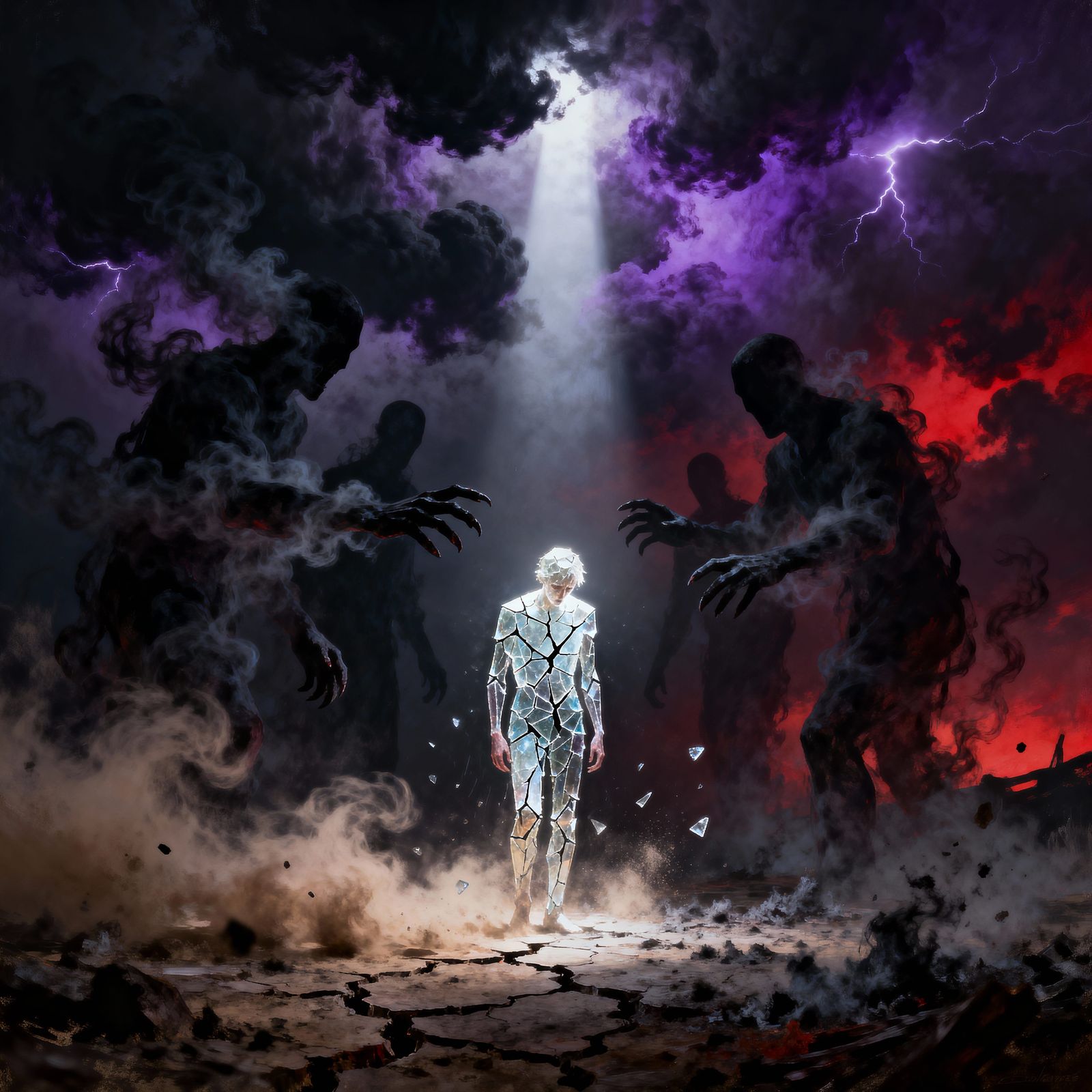 A powerful, emotionally heavy symbolic painting portraying the conflict between true spiritual innocence ...  by @TEEGRAF