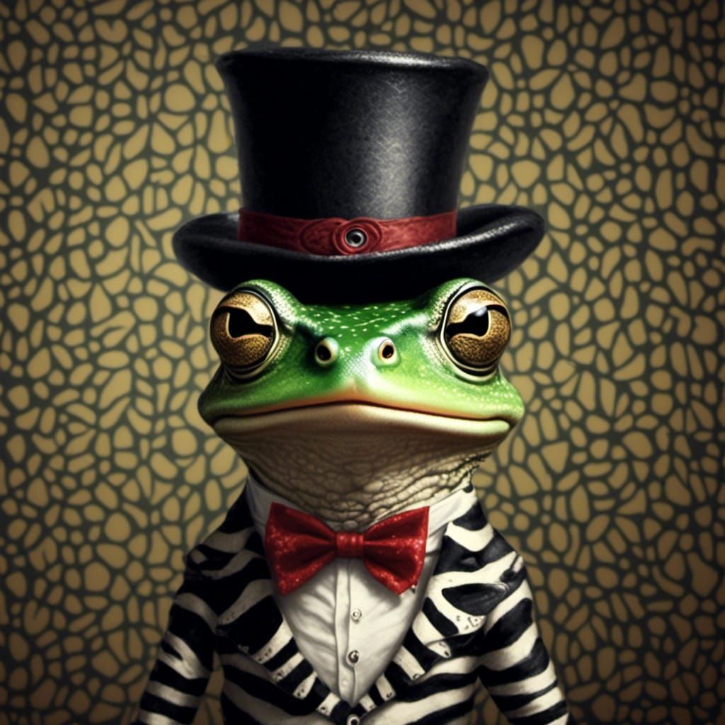 <lora:Zz Zebrapunk:1.0> Cute frog wearing a top hat 