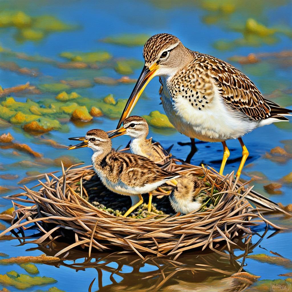 Birds Nest: Long-billed Sandpiper Feeding Offspring