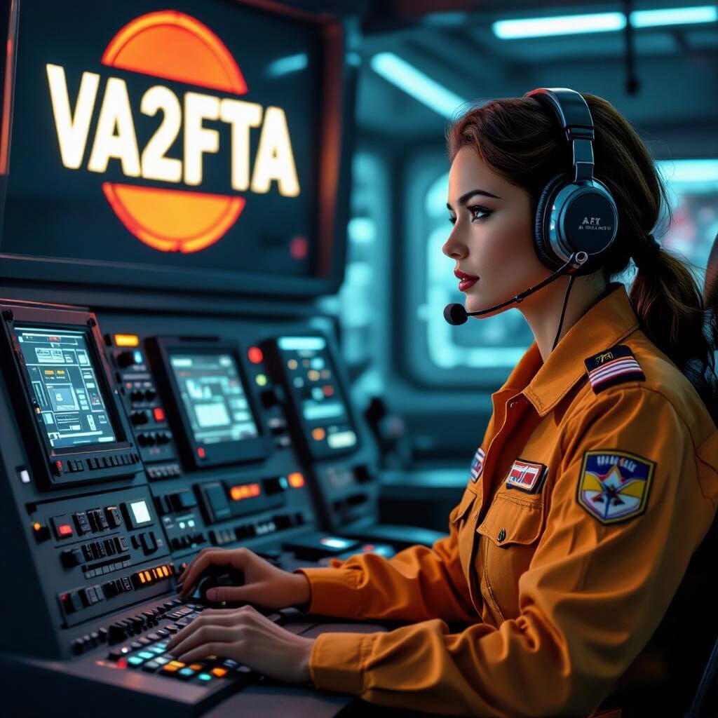  A femal person in a radio operator's uniform, wearing a headset, sitting in front of a real telecommunications equipment panel, with a big ...