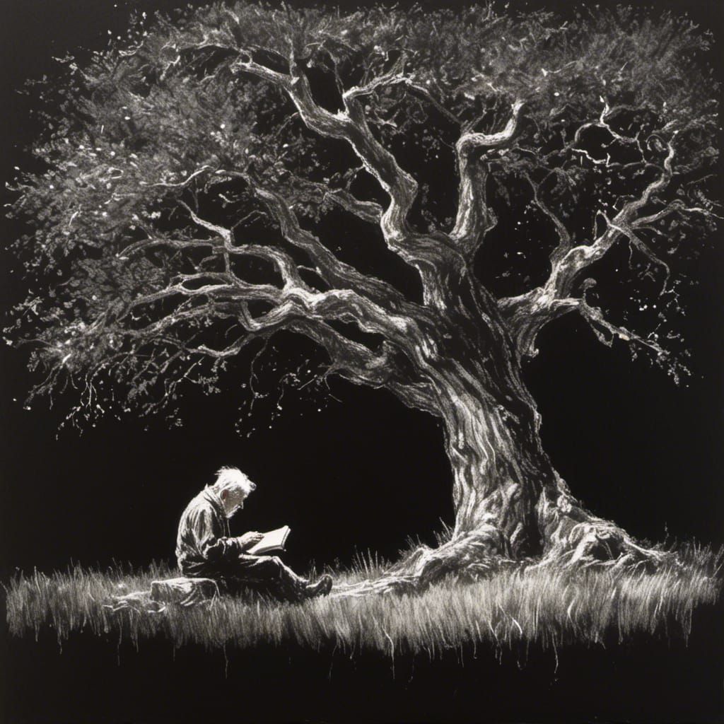 <lora:Chalk on black:1.0> Old man reading a book under a large oak tree. White chalk on black paper, rough strokes