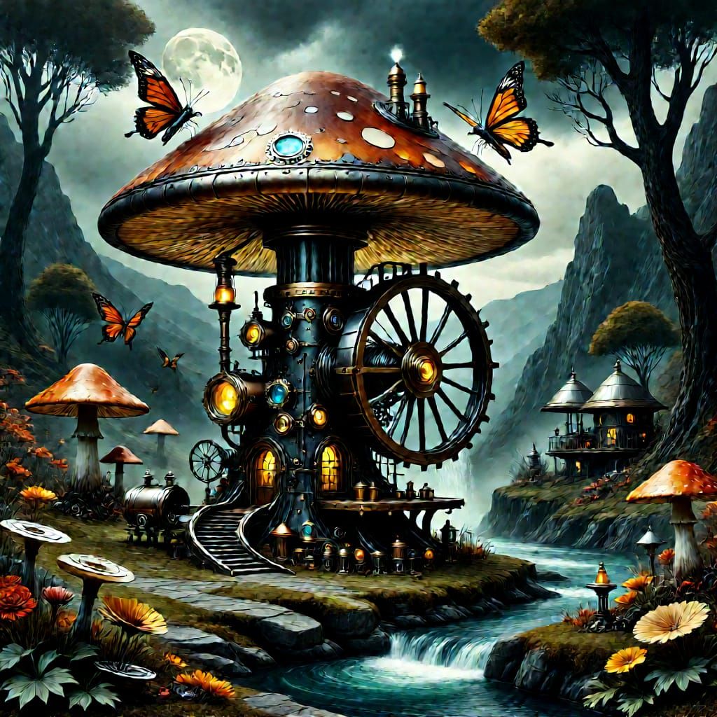 Clockwork Mushroom Watermill Steampunk style