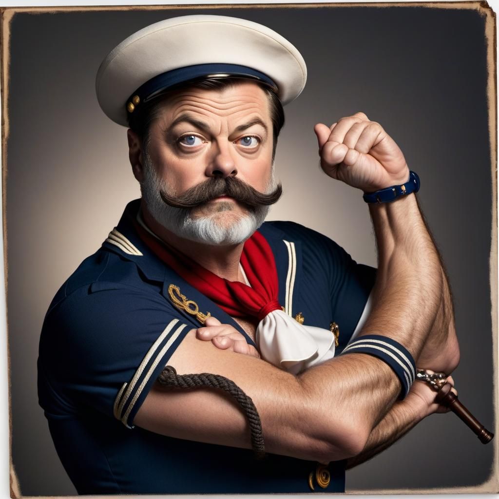 Nick Offerman with a robust mustache, dressed as a classic c...