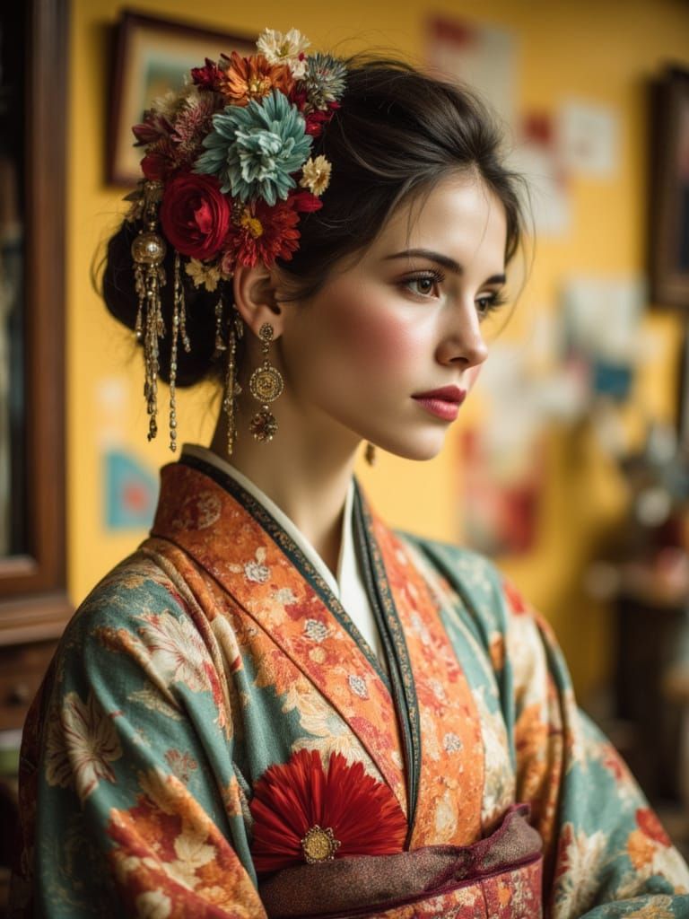 Stunning, ((brightly coloured Japanese kimono)), seasonal motif, traditional design, photorealism, tiltshift <lora:Earth and old pastel:1.0>...