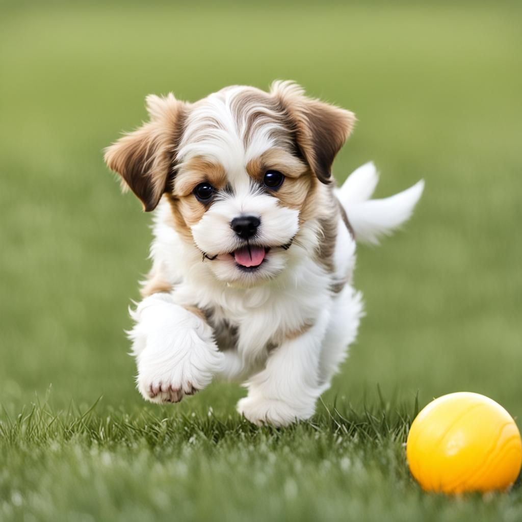 Cute little tan and white shorkie puppy playing with a ball, happy ...