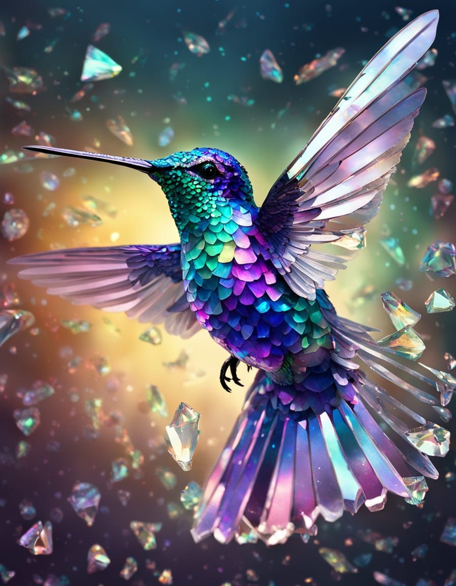 Iridescent Crystal Hummingbird Shines with Pastel Light