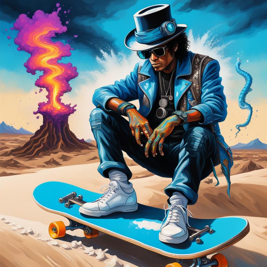 Sad Michel Jackson playing a neon blue steampunk chrome meta...
