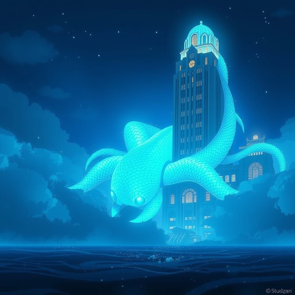 Ethereal Bioluminescent Linnorm Adorns Art Deco Skyscraper i...