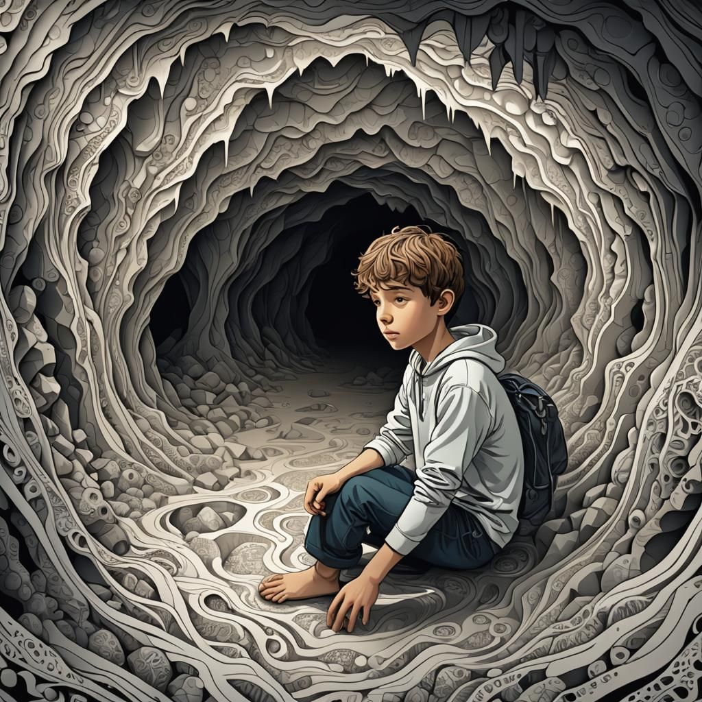 a boy down in floor inside a cave