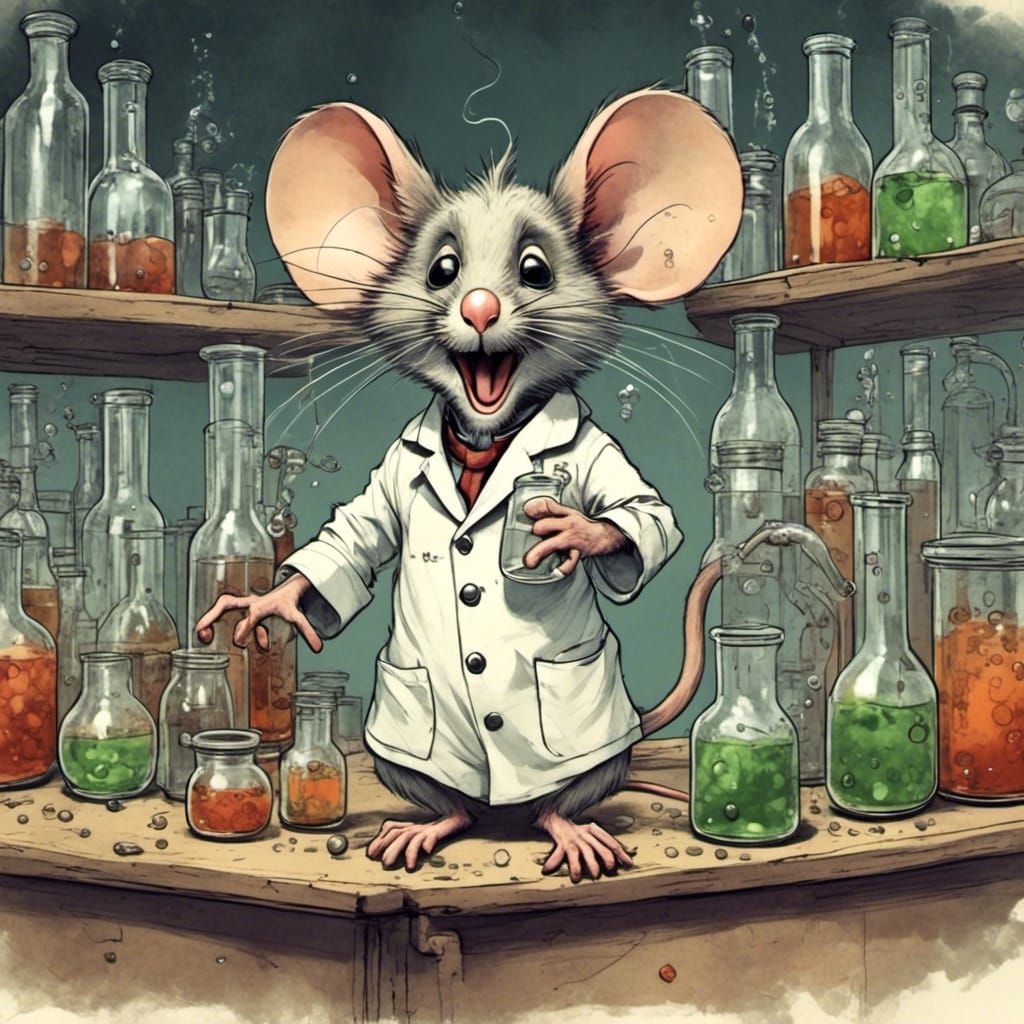a mad scientist mouse with test tubes in a laboratory. <lora:Savant Sketch:1.0> 