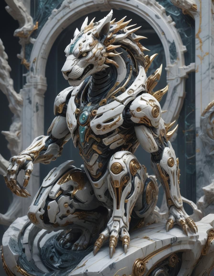 A fierce cyborg animal depicted in intricate marble sculptur...