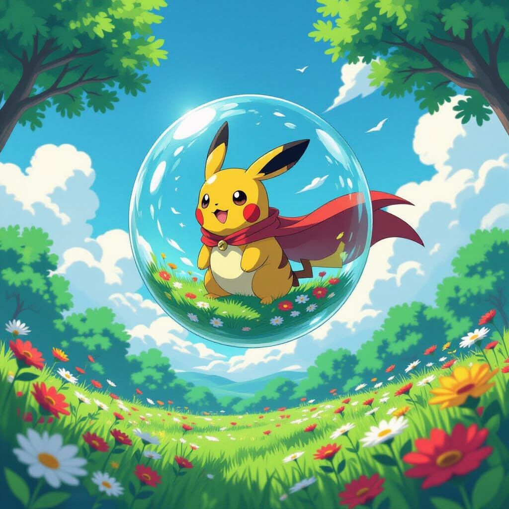 Pokemon Soaring in Orb, Ghibli-Inspired Anime Art